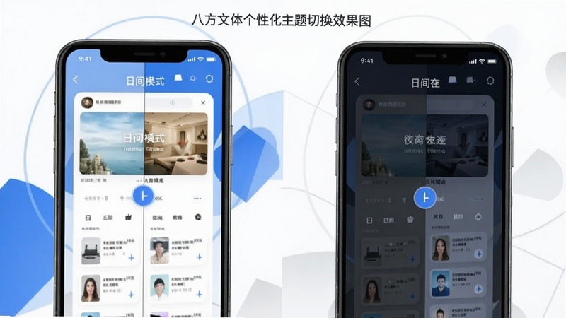 八方文体个性化主题切换效果图,手机屏幕左右分屏显示日间模式与夜间模式对比,界面元素清晰,背景为抽象几何图形,配色以蓝白和深灰为主,突出主题切换的视觉差异