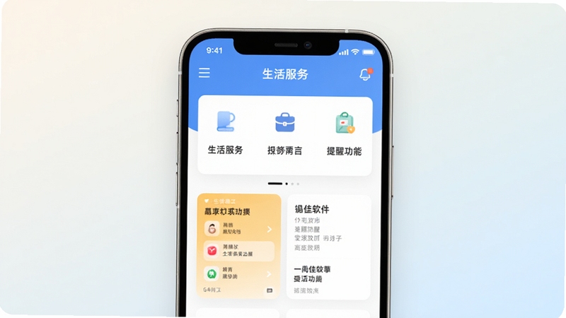 尚佳软件主界面功能模块展示,画面中央为手机屏幕显示应用首页,背景为浅色渐变,屏幕内呈现生活服务聚合入口与提醒功能卡片,整体风格简洁清爽,适配Boogu模型生成
