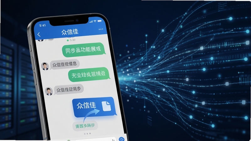 众信佳消息同步功能展示,画面为手机屏幕显示众信佳聊天界面,消息气泡清晰,文件传输图标醒目,背景为抽象数据流线条,体现信息同步概念,现代简洁风格,适配Boogu模型生成
