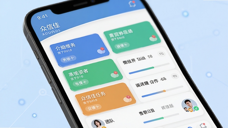 众信佳任务协同界面特写,画面展示手机屏幕中众信佳应用的任务看板,包含多个彩色任务卡片与进度条,团队成员头像点缀其间,背景为淡蓝色渐变,科技感与商务感结合,细节丰富,适配Boogu模型生成