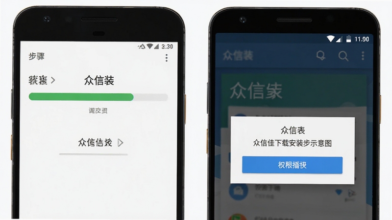 众信佳下载安装步骤示意图,画面为手机屏幕显示众信佳安装进度条与权限授予弹窗,背景为简洁的安卓系统界面风格,步骤清晰,适配Boogu模型生成