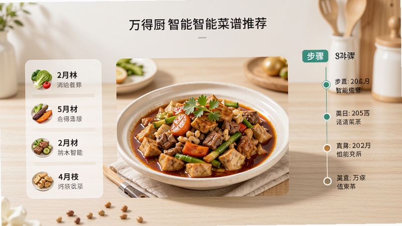 万得厨菜谱详情页面展示,画面中央为一道色香味俱全的家常菜成品图,周围环绕食材清单与步骤时间轴,手机界面清晰展示智能推荐标签,背景为简约浅色厨房台面,突出万得厨智能菜谱推荐功能