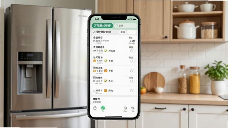 万得厨食材管理界面截图,画面中央为手机屏幕显示食材库存列表与采购清单勾选状态,背景为冰箱与储物柜的整洁厨房一角,色调清新自然,突出万得厨食材管理功能的实用性与便捷性