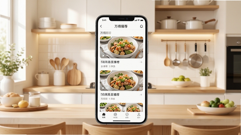 万得厨应用主界面全景展示,画面中央为手机屏幕呈现菜谱推荐瀑布流,背景为明亮温馨的现代厨房环境,厨具摆放整齐,整体色调以暖白与浅木色为主,突出万得厨核心功能与生活气息