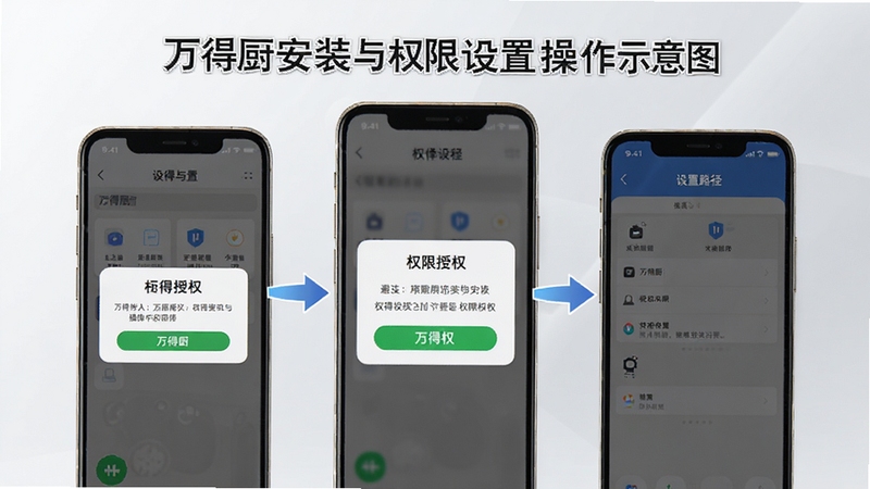 万得厨安装与权限设置操作示意图,画面展示手机屏幕上的权限授权弹窗与设置路径指引,背景为简洁的浅灰渐变背景,突出万得厨安装避坑与权限配置的关键步骤