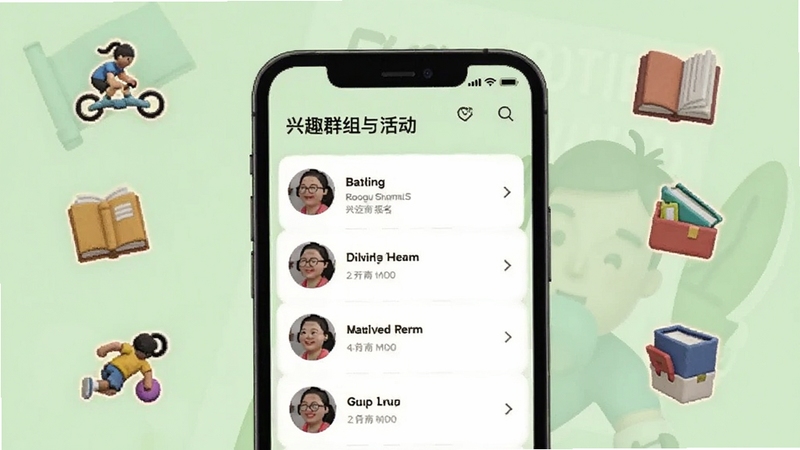 �㵽 ��ȤȺ����ҳ�棬�ֻ���Ļ��ʾȺ���б��ͻ������Ƭ������Ϊ����ɫ����Χ���˶��������ͼ��Ԫ�أ�Booguģ�����ɣ�������Ⱥ�����
