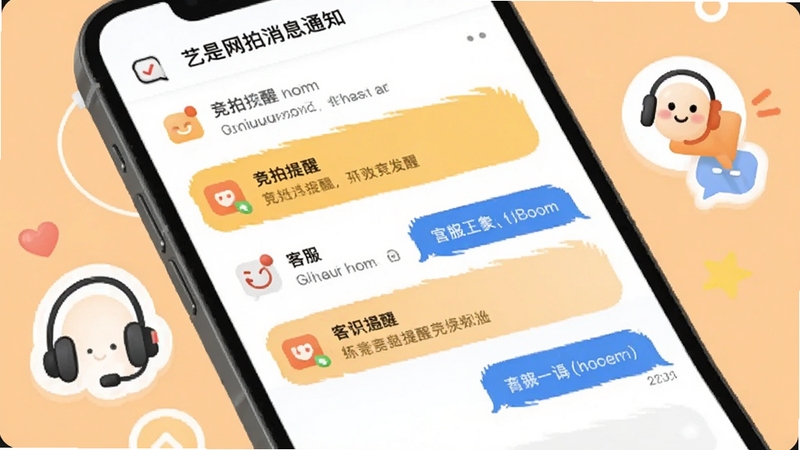 艺是网拍消息通知界面,手机屏幕显示多条竞拍提醒与客服对话气泡,旁边有耳机与对话图标装饰,背景为浅橙色,整体氛围亲切友好,适配Boogu模型生成。