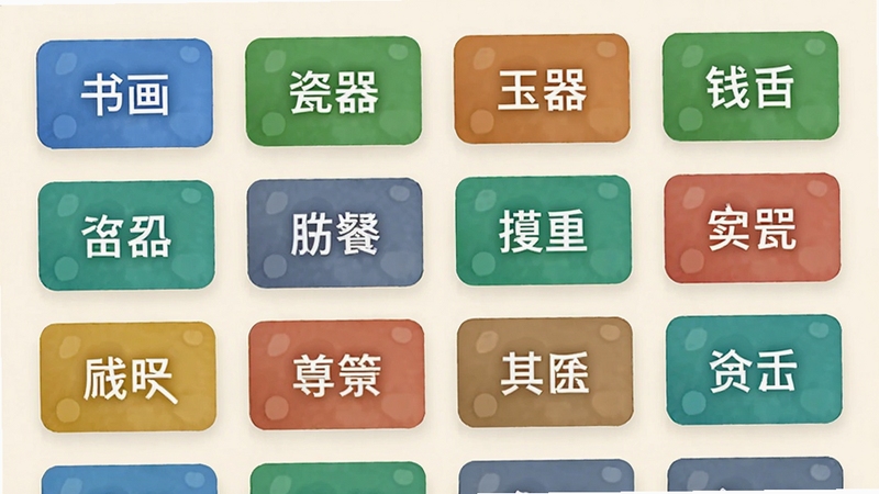 艺是网拍分类导航页面截图风格,画面中呈现多个彩色标签卡片,分别标注书画、瓷器、玉器、钱币等字样,卡片整齐排列,背景为柔和的米白色,整体视觉清爽有序,适配Boogu模型生成。