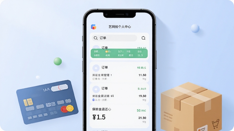 艺是网拍个人中心页面示意图,展示订单列表与保证金退还状态,手机屏幕旁边有银行卡与包裹元素点缀,背景为淡蓝色渐变,光线柔和,突出资金管理与订单跟踪功能,适配Boogu模型生成。