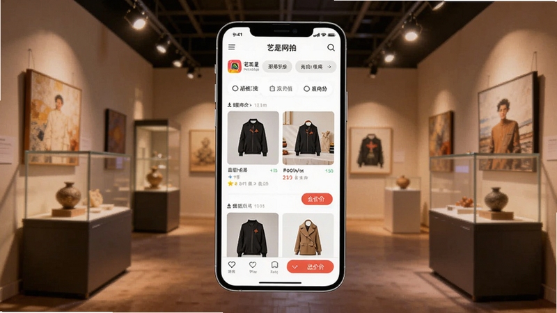 画面主体为一部竖屏智能手机,屏幕中央展示艺是网拍应用首页界面,界面内可见拍品缩略图与出价按钮;背景区域为暖色调艺术展厅环境,远处有柔和的射灯与展示柜,整体构图居中,突出手机屏幕内容,画风写实清晰,适配Boogu模型生成。