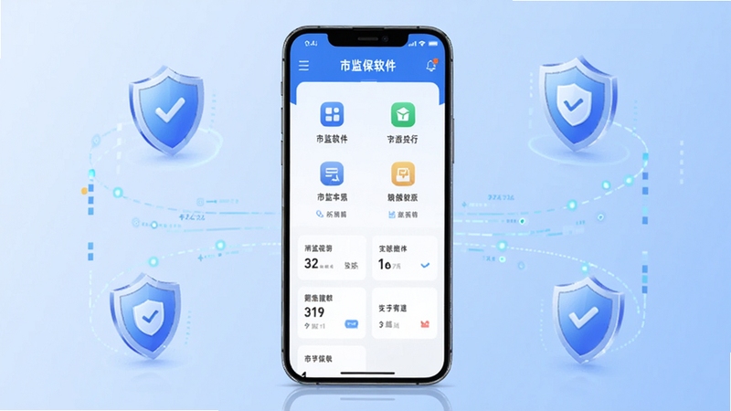 画面中央展示一部智能手机,屏幕上清晰呈现市监保软件的主界面,包含功能图标与数据卡片,背景为浅蓝色渐变,四周点缀盾牌与数据流元素,整体风格简洁专业,适配Boogu模型生成