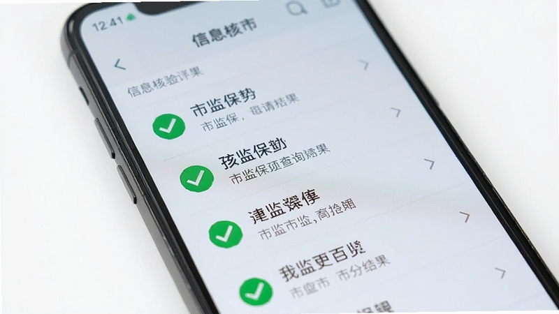 一张信息核验结果页面的特写,画面中手机屏幕显示市监保的查询结果列表,包含绿色对勾标识与文字信息,背景为干净的白色桌面,光线明亮柔和,突出数据清晰可读