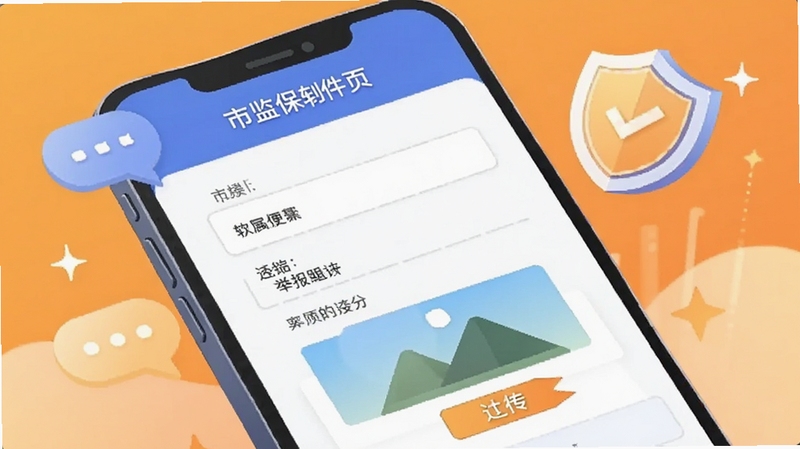 市监保软件内维权举报页面的截图风格插画,画面展示手机界面中的表单填写与图片上传区域,背景为温暖橙色渐变,配有对话气泡与盾牌图标,体现安全便捷的举报体验
