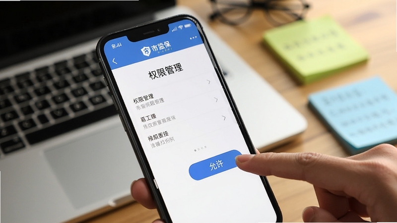 画面主体为手机屏幕显示市监保的权限管理设置界面,旁边有手指点击“允许”按钮的特写。背景为柔和的办公桌面,有笔记本电脑和便签纸。画面风格写实,强调安全设置与操作引导,包含市监保字样。
