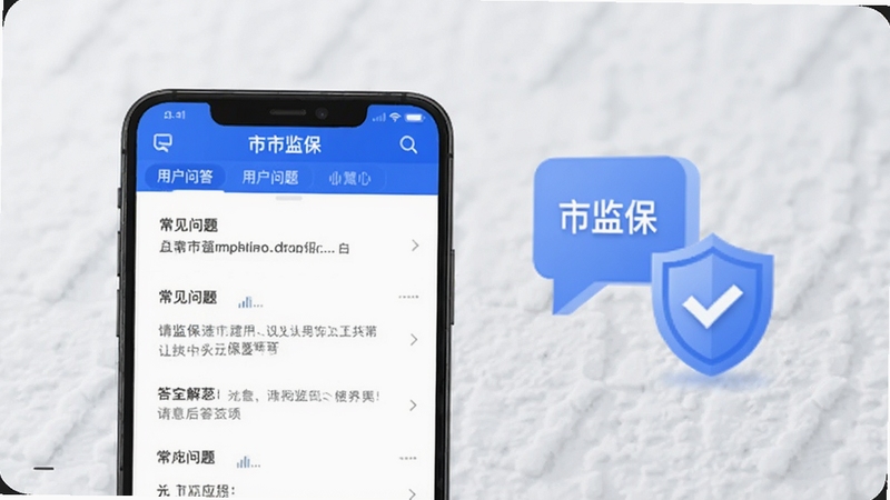 画面主体为市监保应用内的用户问答界面截图,屏幕显示常见问题列表。背景为简洁的淡灰色纹理,旁边有抽象的对话气泡和盾牌图标,突出安全与答疑解惑的氛围,画面中带有市监保标识。