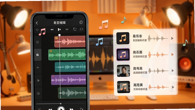 易剪辑配乐功能界面展示,画面主体为手机屏幕中的音频轨道与音乐素材列表,背景区域为温暖的橙色调工作室氛围,细节包括音符图标与波形图,整体视觉轻松明快