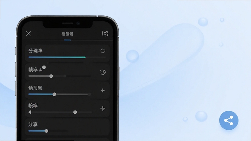 易剪辑视频导出设置界面,画面主体为手机屏幕中的分辨率与帧率选项列表,背景为淡蓝色渐变空间,细节包含进度条与分享图标,整体风格干净利落