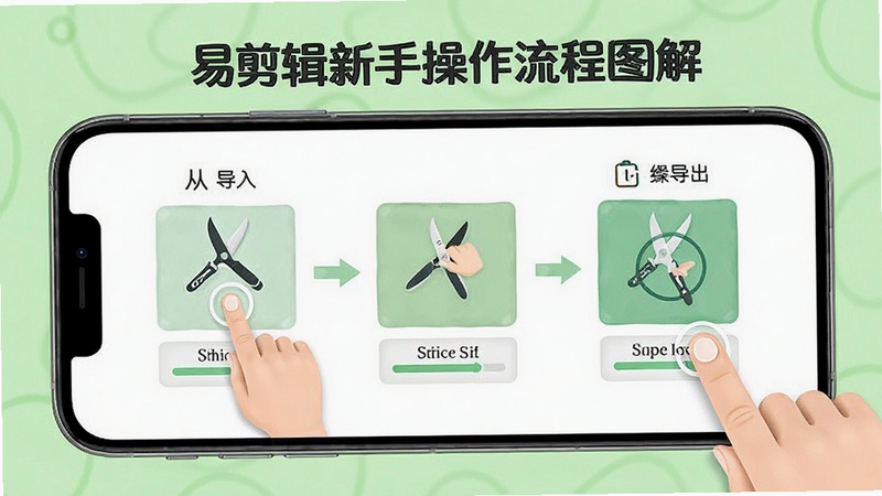 易剪辑新手操作流程图解,画面主体为手机屏幕中从导入到导出的步骤示意,背景为浅绿色清新风格,细节包含手指点击图标与进度提示,整体直观易懂