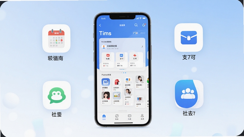 软件名称Tims,画面中央展示一部智能手机,屏幕上呈现清爽的软件主界面,周围环绕日程、支付、社交等功能图标,背景为柔和的蓝白渐变,光线明亮,整体风格简约现代,细节清晰,适合应用商店宣传图