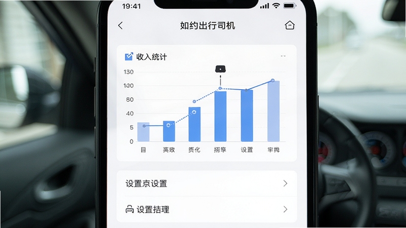 如约出行司机 个人中心页面 手机屏幕 收入统计图表 设置选项列表 简约商务风格 浅色背景 清晰易读