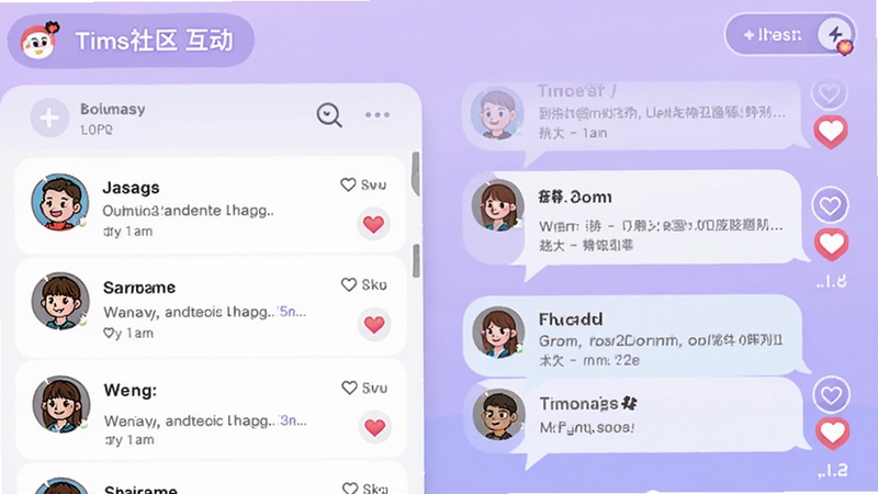 Tims社区互动界面截图,展示用户动态列表和评论气泡,画面中有多个卡通头像和爱心点赞图标,背景为淡紫色渐变,风格活泼清新