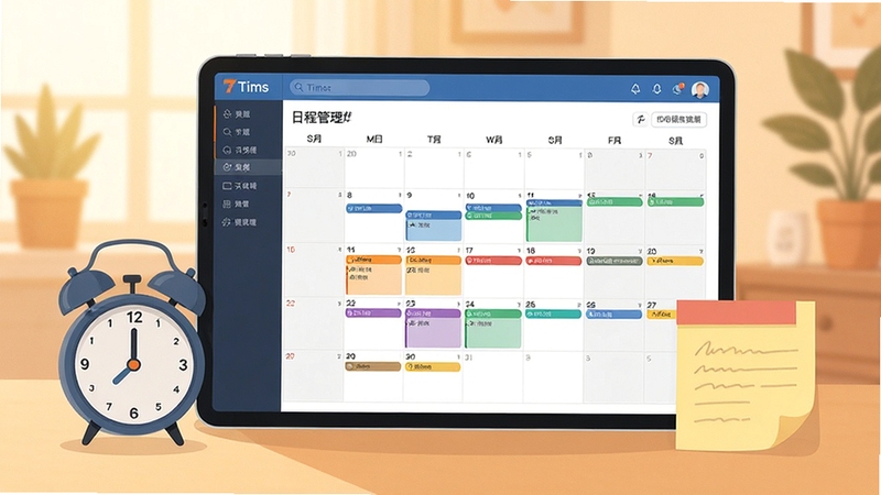 Tims软件界面中显示日程管理页面,日历上标记多个彩色事件,手机旁边有闹钟和便签元素,背景温馨明亮,风格扁平化设计,突出时间管理主题