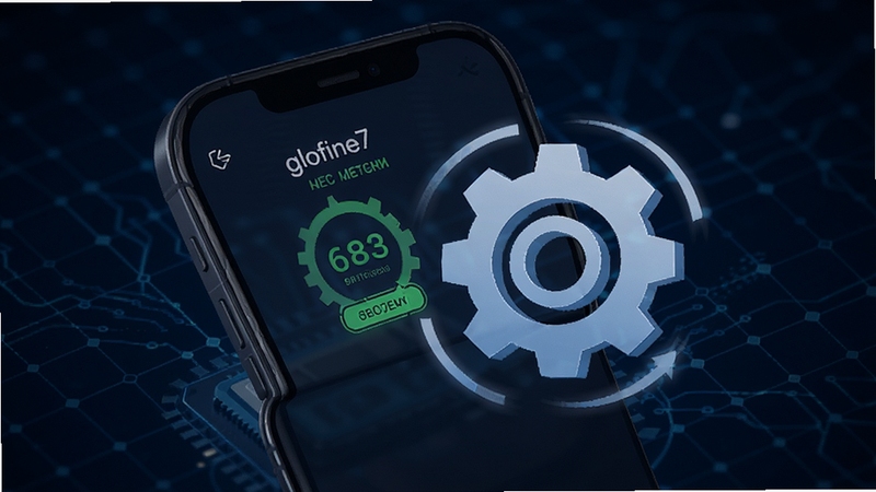 glofine7运行稳定性示意图,画面主体为手机与齿轮图标结合,齿轮缓慢转动象征稳定运行,背景为深蓝色科技网格,手机屏幕显示运行状态良好的提示,整体风格沉稳专业,适配Boogu模型生成