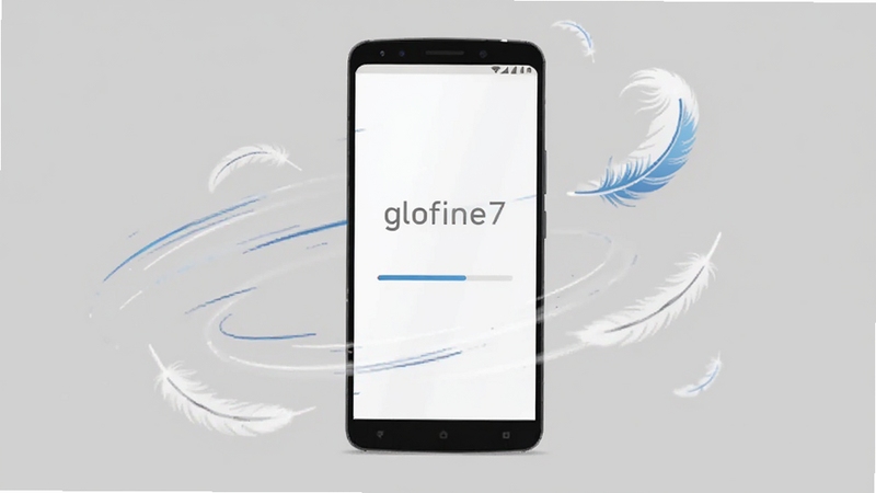 glofine7轻量启动界面,画面主体为一部安卓手机,屏幕显示软件启动画面与加载进度条,背景为纯色浅灰,手机周围环绕速度线条与羽毛元素象征轻快,整体构图居中,适配Boogu模型生成