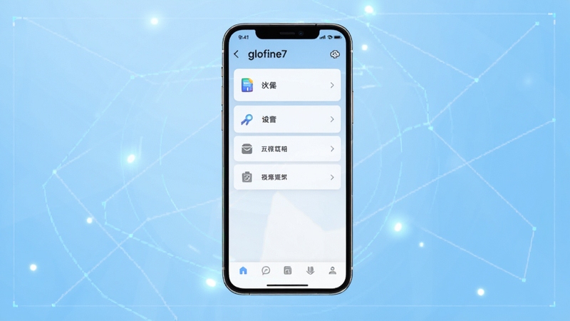 glofine7软件主界面全貌展示,画面中央为手机屏幕正视图,屏幕内呈现简洁的工具功能列表与底部导航栏,背景为浅蓝色渐变科技风格,四周点缀几何线条与光点,整体风格清爽现代,适配Boogu模型生成