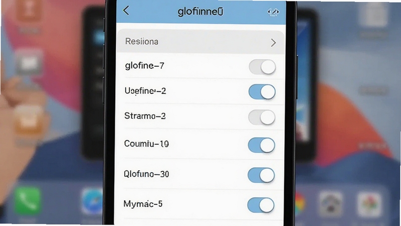 glofine7设置页面预览图,画面为手机屏幕特写,展示设置菜单列表与开关按钮,界面配色以白色和浅蓝为主,文字清晰,排版整齐,背景为模糊的桌面壁纸,适配Boogu模型生成