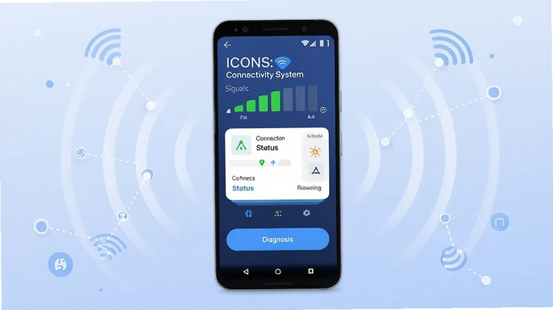 画面中央展示一部安卓手机,屏幕显示 ICONS: Connectivity System 软件主界面,包含信号强度指示条、连接状态卡片和诊断按钮,背景为浅蓝色渐变科技风格,四周环绕无线信号波纹与数据节点图标,整体画面简洁明亮,适配 Boogu 模型生成