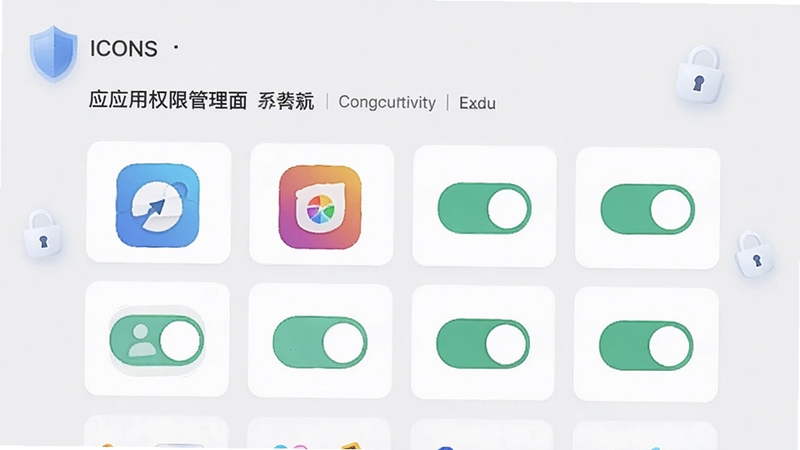 ICONS: Connectivity System 应用权限管理界面,展示多个应用图标与连接开关按钮,界面采用卡片式布局,配色清爽,背景为浅灰色,画面中带有盾牌与锁形图标元素,适配 Boogu 模型生成