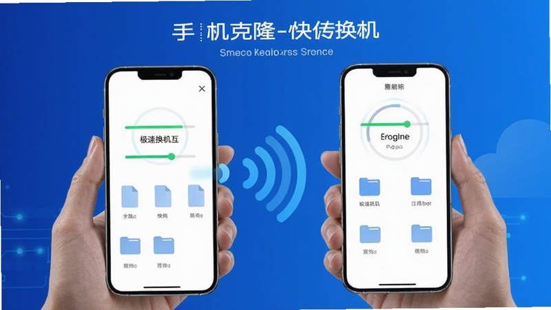 手机克隆-快传换机 软件主界面与传输场景展示图,画面中央为两部智能手机通过无线信号连接,屏幕上显示传输进度条和文件图标,背景为科技感蓝色渐变,突出极速换机互传主题