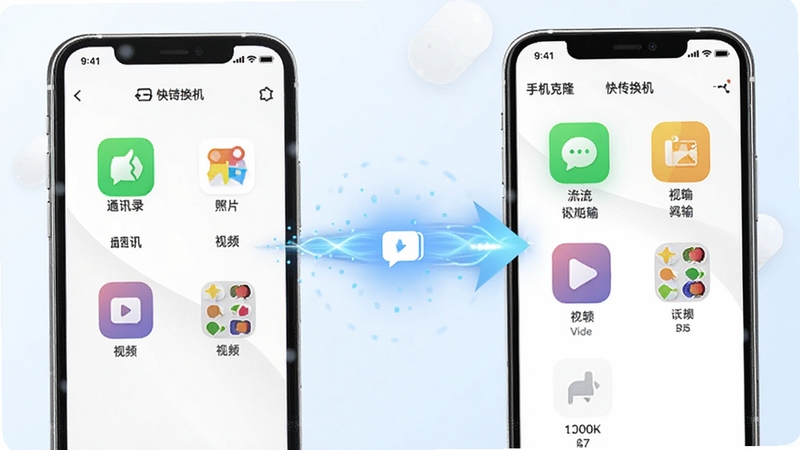 手机克隆-快传换机 一键换机功能界面图,画面展示两部手机屏幕相对,中间有数据传输动画特效,界面显示通讯录、照片、视频等分类图标,整体风格简洁明亮,突出零流量极速传输特点