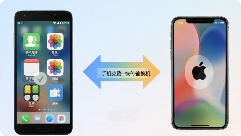 手机克隆-快传换机 跨平台互传示意图,画面左侧为安卓手机右侧为苹果手机,中间用双向箭头连接,屏幕上显示联系人、相册等图标成功迁移的动画效果,背景为柔和的浅色渐变
