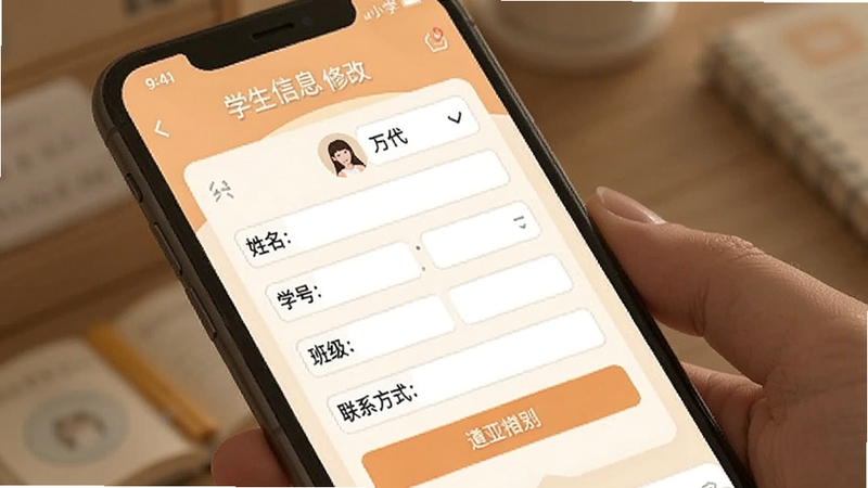 小七学堂学生信息修改页面展示,手机屏幕显示个人信息编辑表单,包含姓名、学号、班级、联系方式等字段,界面简洁易操作,背景为柔和暖色调,适配Boogu模型生成