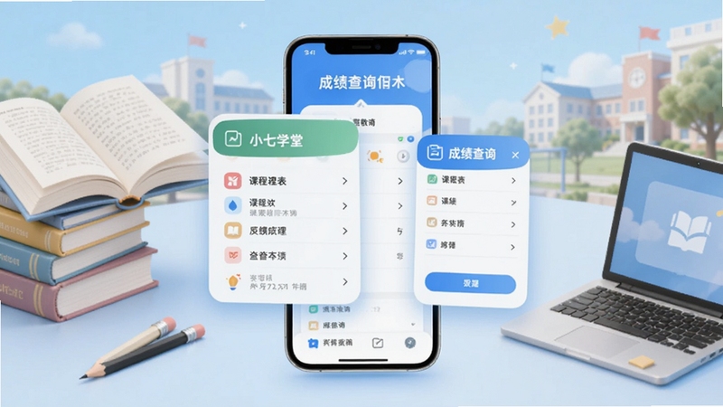 小七学堂学习教育软件主界面展示,画面中央为手机屏幕悬浮显示课程表与成绩查询功能模块,背景为浅蓝色渐变校园场景,包含书本、铅笔、笔记本电脑等学习元素,整体风格清新明亮,适配Boogu模型生成