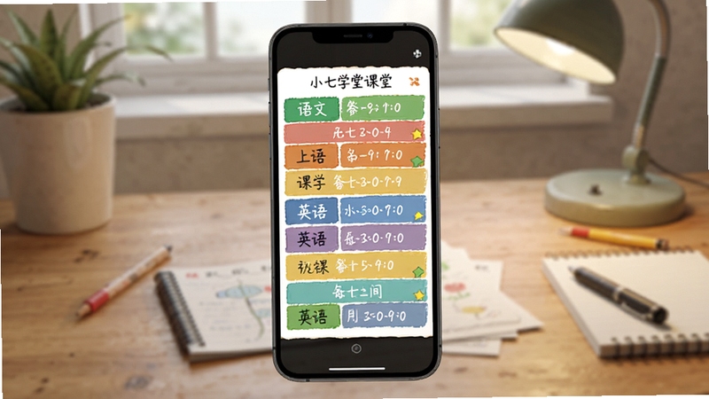 小七学堂课程表管理功能界面截图,手机屏幕展示彩色课程表格,不同科目用不同颜色标注,包含语文、数学、英语等课程名称与上课时间,背景为书桌场景,适配Boogu模型生成