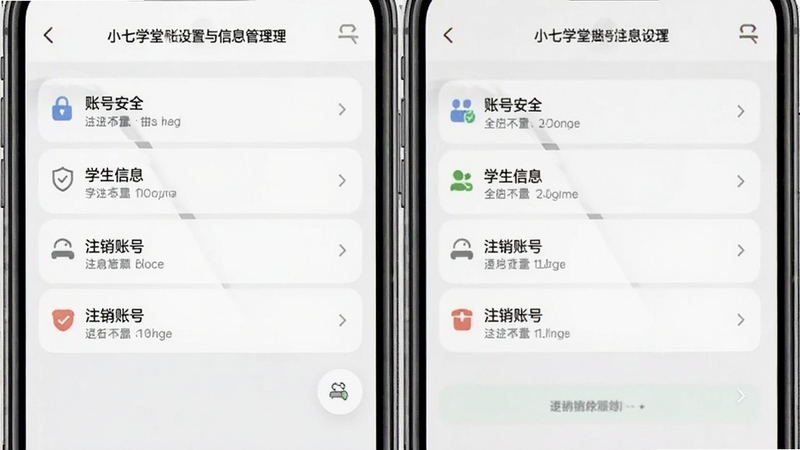 小七学堂账号设置与信息管理界面截图,手机屏幕展示设置菜单列表,包含账号安全、学生信息、注销账号等选项,界面干净整洁,背景为淡灰色,适配Boogu模型生成