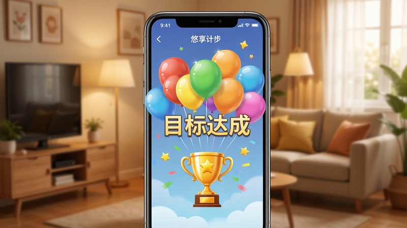 悠享计步目标达成庆祝界面,手机屏幕弹出彩色气球与奖杯动画,显示“目标达成”字样,背景为温馨的居家客厅环境,光线柔和