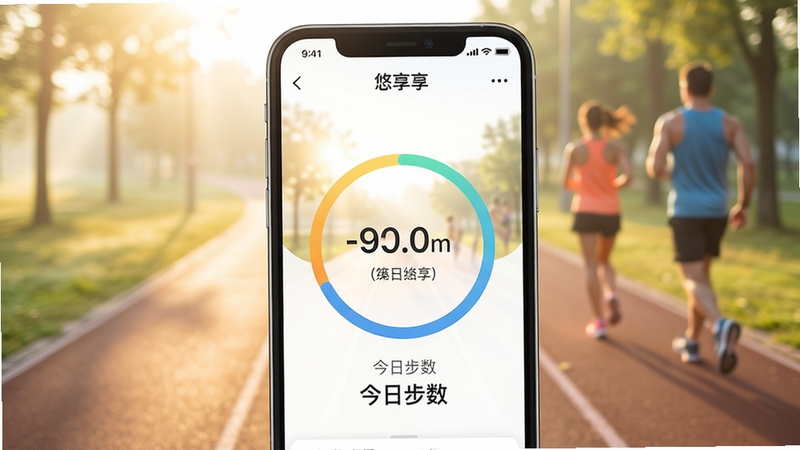 悠享计步软件主界面全貌展示,画面中心为手机屏幕显示计步数据圆环与今日步数,背景为清晨公园跑道与柔和阳光,整体风格清新明亮,突出健康运动主题
