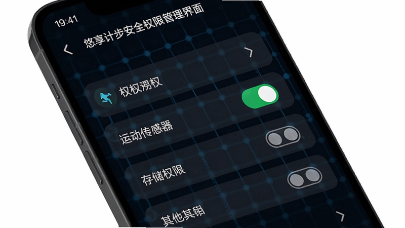 悠享计步安全权限管理界面,手机屏幕显示权限列表,运动传感器与存储权限为开启状态,其他权限为关闭,背景为深色科技感网格,突出安全可控