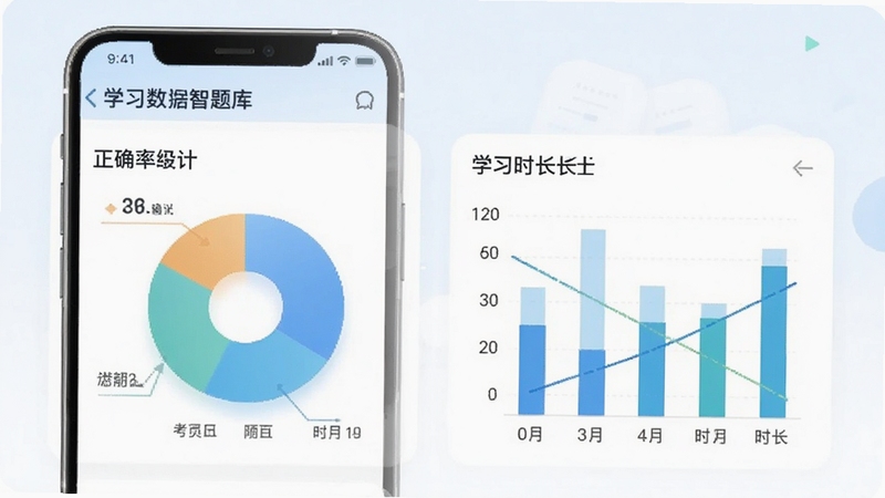 ������������� ѧϰ����ͳ��ҳ�棬�ֻ���Ļչʾ��ȷ�ʱ�ͼ��ѧϰʱ����״ͼ����ɫ���£����ݿ��ӻ�����������APP���