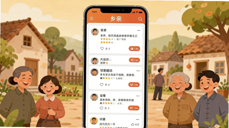 一款名为乡亲的手机应用界面展示,画面中央是邻里圈动态列表,背景是温馨的乡村社区场景,有房屋、树木和 smiling 的人群,整体色调温暖明亮,扁平化UI风格,手机屏幕清晰展示动态卡片和点赞按钮