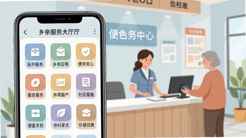 乡亲应用便民服务大厅界面截图,画面主体为手机屏幕显示各类服务图标网格,背景是整洁的社区服务中心场景,有工作人员和居民互动,色彩柔和,现代扁平设计风格
