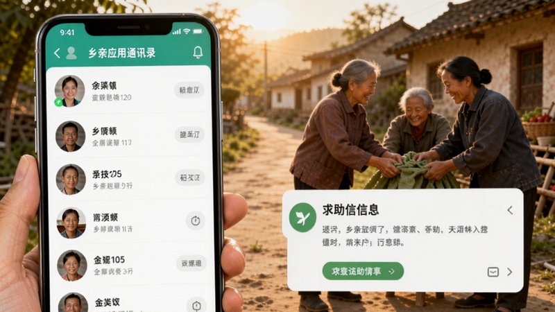 乡亲应用通讯录与互助界面,画面展示手机屏幕上的联系人列表和求助信息卡片,背景是乡亲们互相帮助的温馨场景,阳光洒在乡村小路上,风格写实温暖