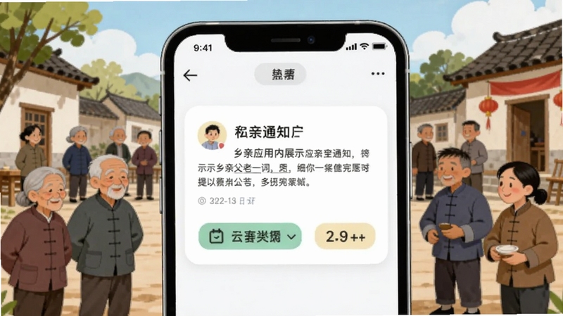 乡亲应用内展示乡亲父老一词的公告通知界面,画面中央是手机屏幕上的公告卡片,背景是乡村广场上乡亲们聚集的场景,有老人和年轻人,氛围祥和,插画风格