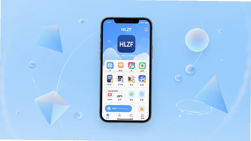 HLZF 软件主界面全貌展示,画面中央为手机屏幕悬浮展示应用首页布局,背景为浅蓝色渐变科技感区域,四周点缀简洁的几何图形与柔和光效,整体风格清爽现代,突出 HLZF 应用图标与核心功能入口,适配 Boogu 模型生成