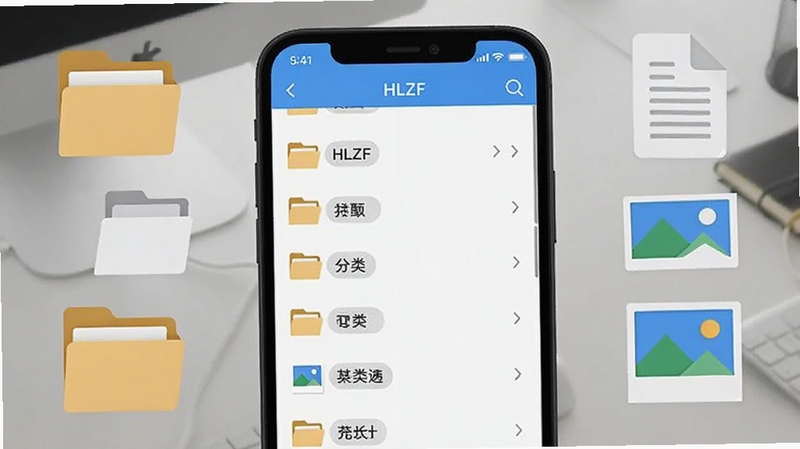 HLZF 文件管理功能界面特写,画面主体为手机屏幕展示文件分类列表,屏幕周围环绕文件夹、文档、图片等扁平化图标元素,背景为浅灰色办公桌面场景,光线柔和自然,突出 HLZF 应用的文件整理能力,细节清晰,适配 Boogu 模型生成