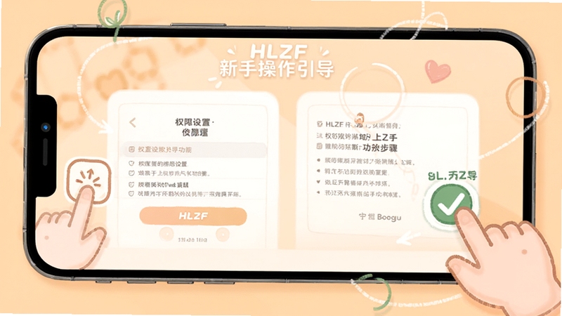 HLZF 新手操作引导界面展示,画面为手机屏幕显示权限设置与功能引导步骤,屏幕旁边有手指点击图标与勾选标记的插画元素,背景为淡橙色温馨色调,整体风格亲切易懂,突出 HLZF 的上手引导流程,适配 Boogu 模型生成